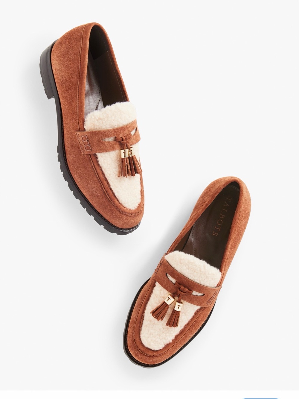 NWOT Talbots Chestnut Cassidy Suede Tassel Loafers with Cream Shearling